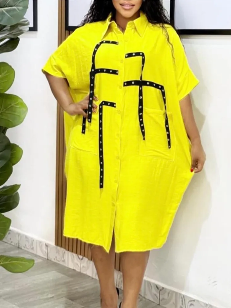 Nova moda feminina solta vestido casual primavera temperamento viajando lapela personalidade rua costura camisa de manga curta vestido