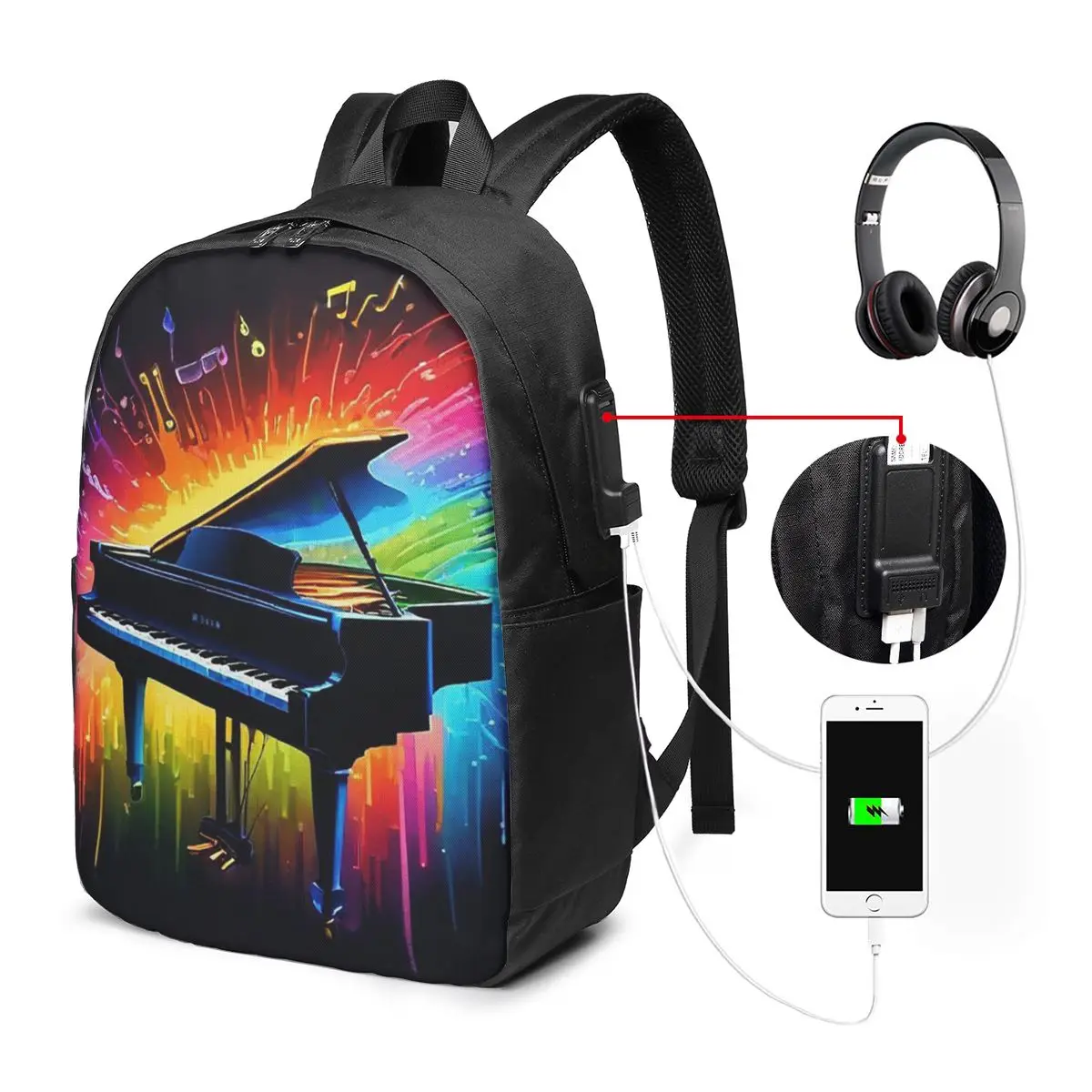 Colorful Piano Graffiti Theme Backpack Travel Notebook Bag Computer College Student School Bag Laptop Shoulder Bags Men Women