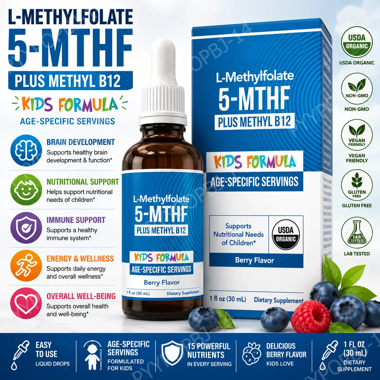Kids L-Methylfolate 5-MTHF Liquid Drops with Methyl B12 Active Folate Support 1 Fl Oz USDA Organic Vegan Non-GMO