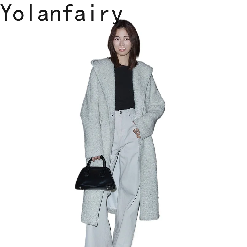 YOLANFAIRY 2026 New Autumn Winter Women Luxury Wool Alpaca Mohair Blend Coat Hooded Loose Woolen Jacket Hooded Long Overcoat
