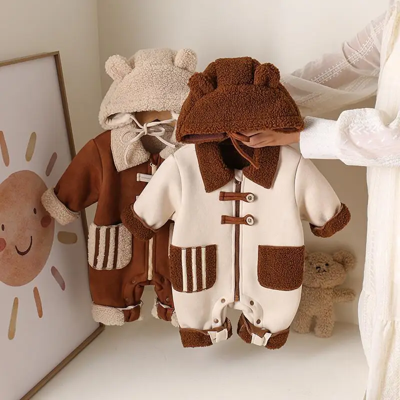 

Autumn Winter Boys Girls Baby Furry Bodysuit Baby Organic Cotton Onesie Fleece Lined Thicken Warm Loungewear Romper Kids Clothes