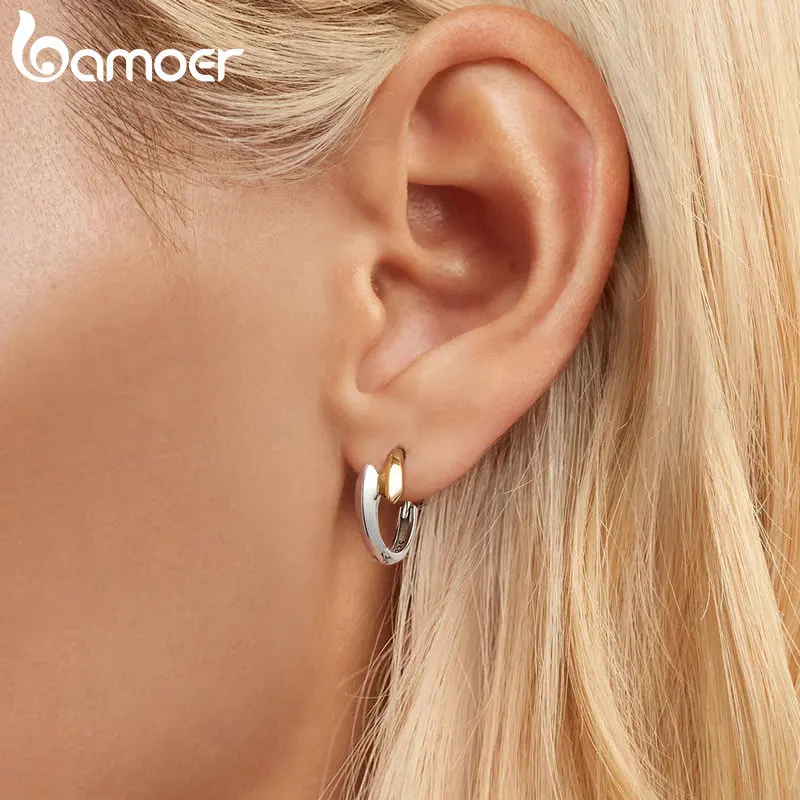 BAMOER 925 Sterling Silver Simple Two-tone Ear Buckles Classic Hypoallergenic Hoop Earrings for Women Fine Jewelry Gift BSE1021