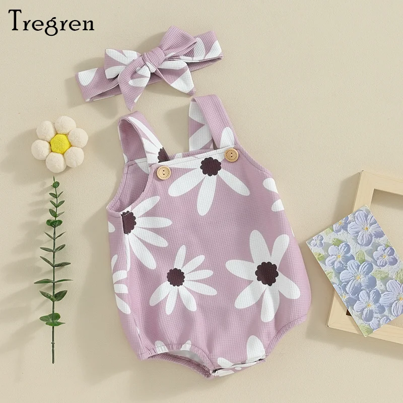 

Tregren 0-12M Newborn Baby Girl Bodysuits Summer Sleeveless Floral Print Overalls with Headband 2pcs Set Cute Infant Clothes