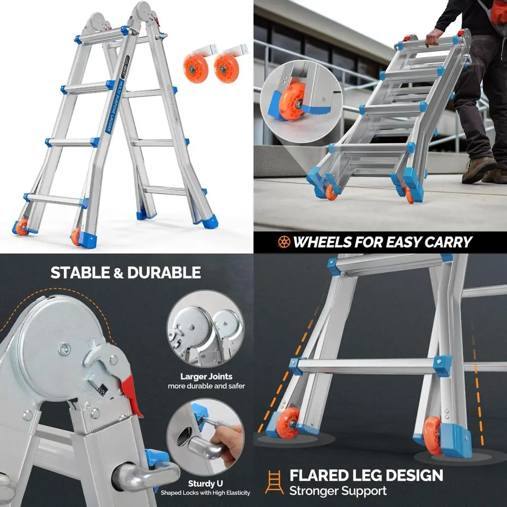 

Telescoping A-Frame Ladder, 4-Step, 17ft Reach Height, Multi-Position Folding, Flared Legs with Wheels, Portable Ladder for Outd