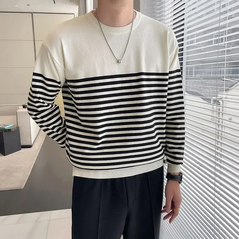 

Trend Casual Autumn Winter Men Sweaters O-Neck Striped Contrast Color Korean Casual Loose Pullovers Knitd Bottoming Shirt Tops