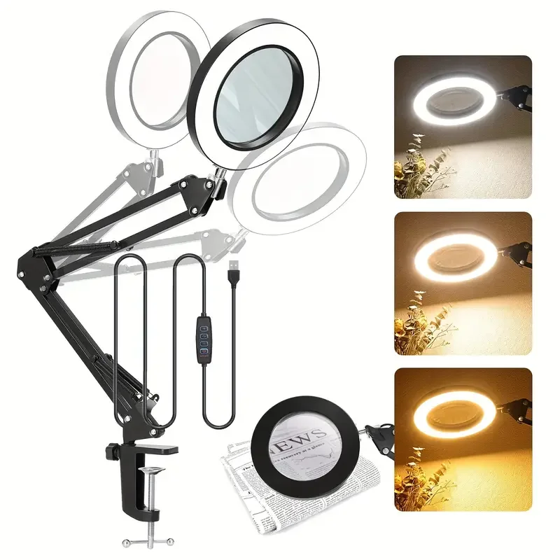 2 In 1 LED Magnifier Desk Lamp 5X Illuminated Magnifier USB 3 Colors LED Magnifying Glass with Stand Repair Read Holder Tools