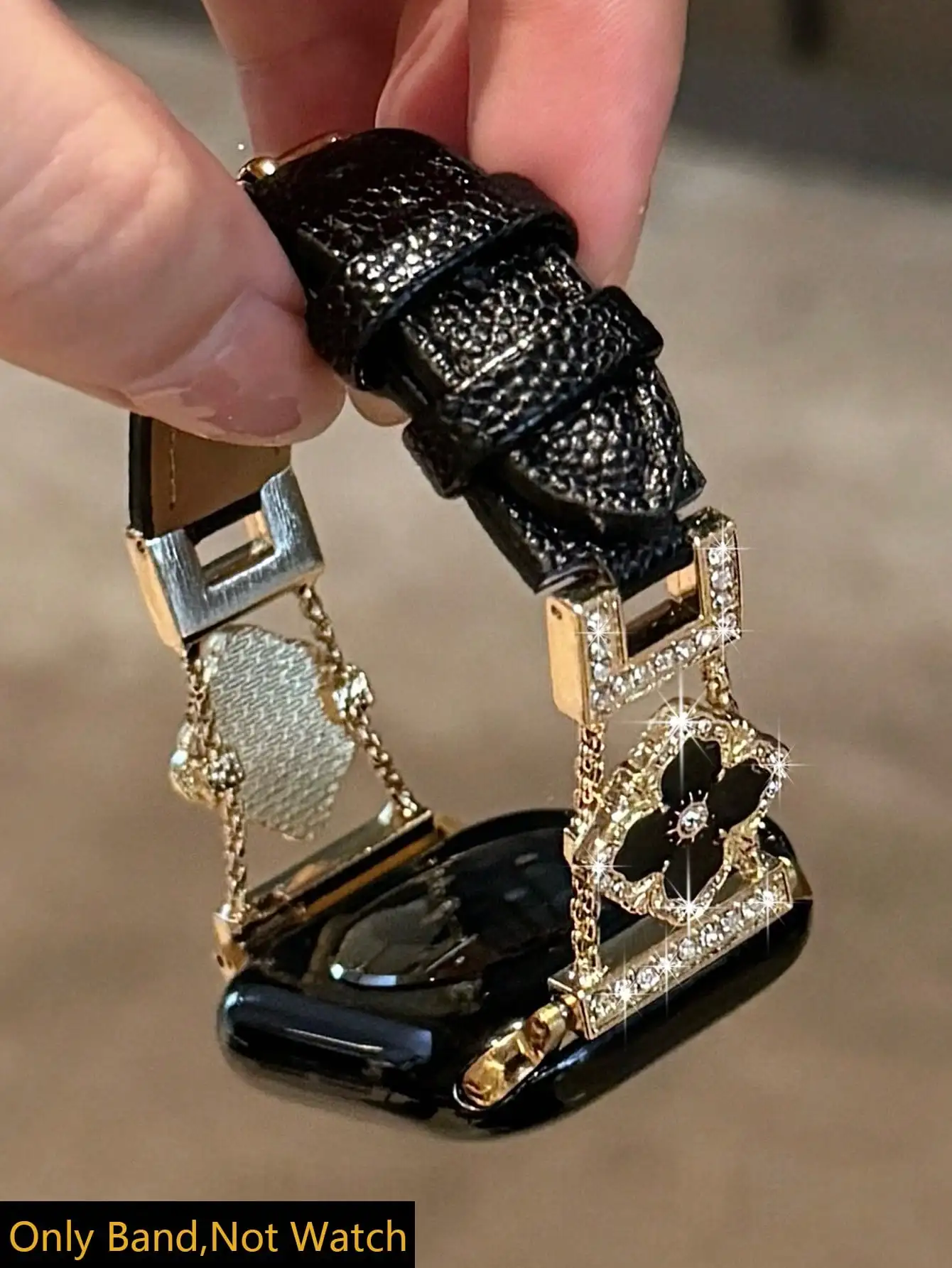 1pc New Women's Gold Shiny Four-Point Star Diamond Inlaid Metal Splicing Black Strap, Suitable For Apple Watch 38/40/41/42/44/45/46/49mm, Compatible With Apple Watch Ultra/SE/11/10/9/8/7/6/5/4/3/2/1, Fashion Smartwatch Accessory, sj2408218102842321