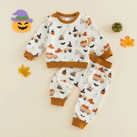 FOCUSNORM 0-4Y Set di vestiti di Halloween per bambini e ragazzi, felpe e pantaloni con stampa di escavatori a forma di zucca, maniche lunghe, girocollo