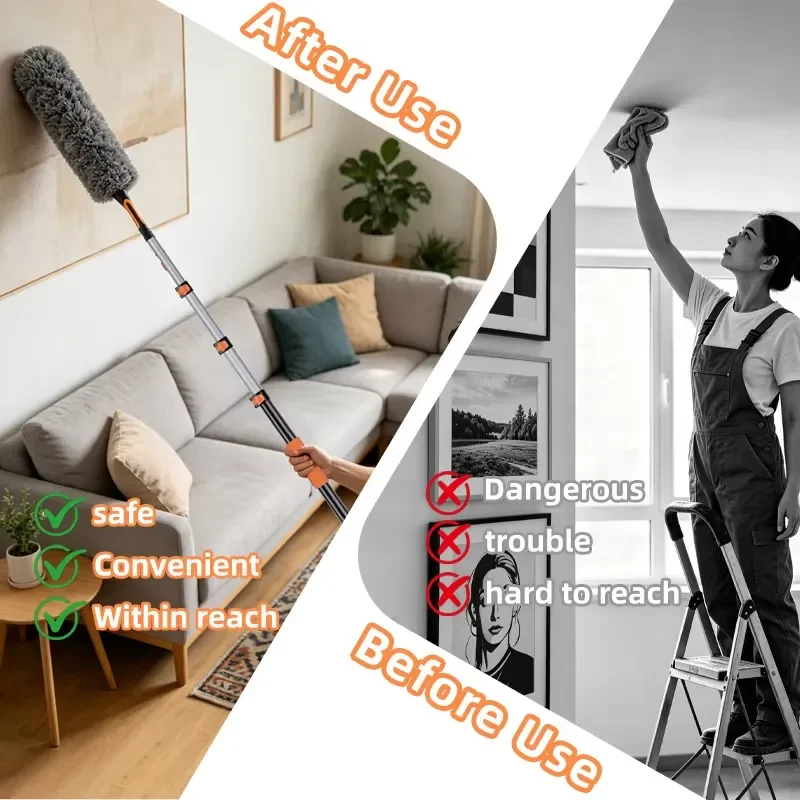 For 3.6M High Reach Cleaning Duster Kit Aluminum Telescopic Pole Flip Cam Locking 5 Multi-Angle Window Squeegee Cobweb