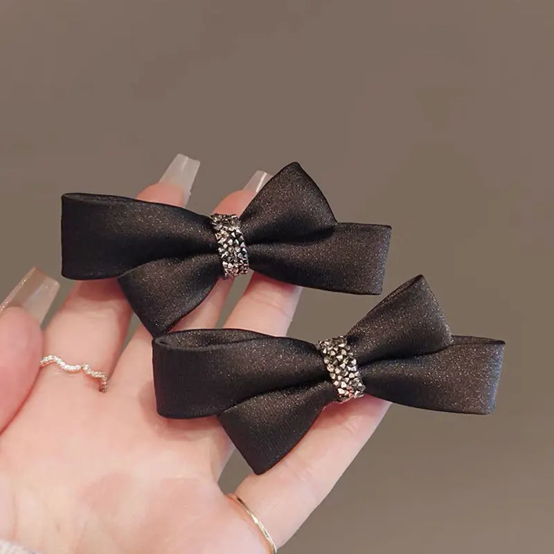 1Pc New Korean Black Rhinestone Bow Hair Clips Duck Bill Clip Simple Elegant Side Bangs Headwear Girls Women Hair Accessories