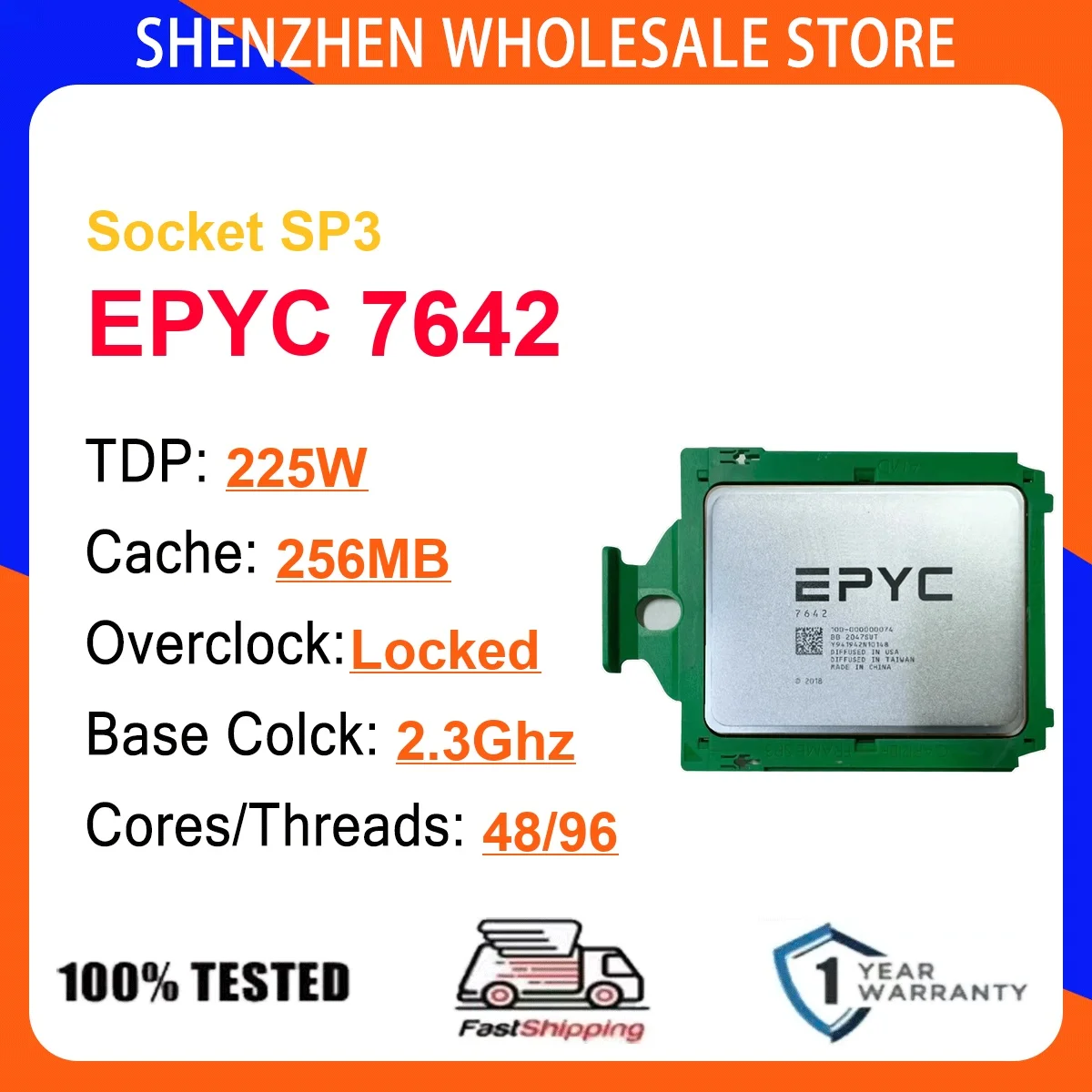 AMD EPYC 7642 48-Core 96-Thread 7NM 2.3Hz/3.4GHz L3=256MB 225W CPU Gaming Proce Socket SP3 DDR4 NEW No Cooler No Fan