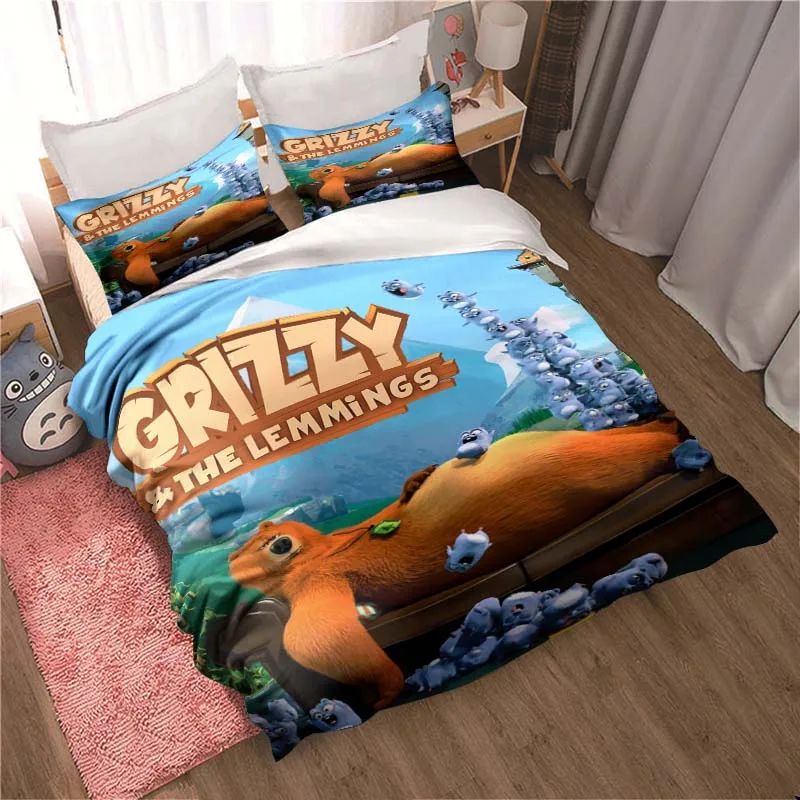 

Grizzy and The Lemmings Bedding Set Adult Children's Bedroom Soft Duvet Set Single Double King Bed Set Cartoon Quilt Cover Set