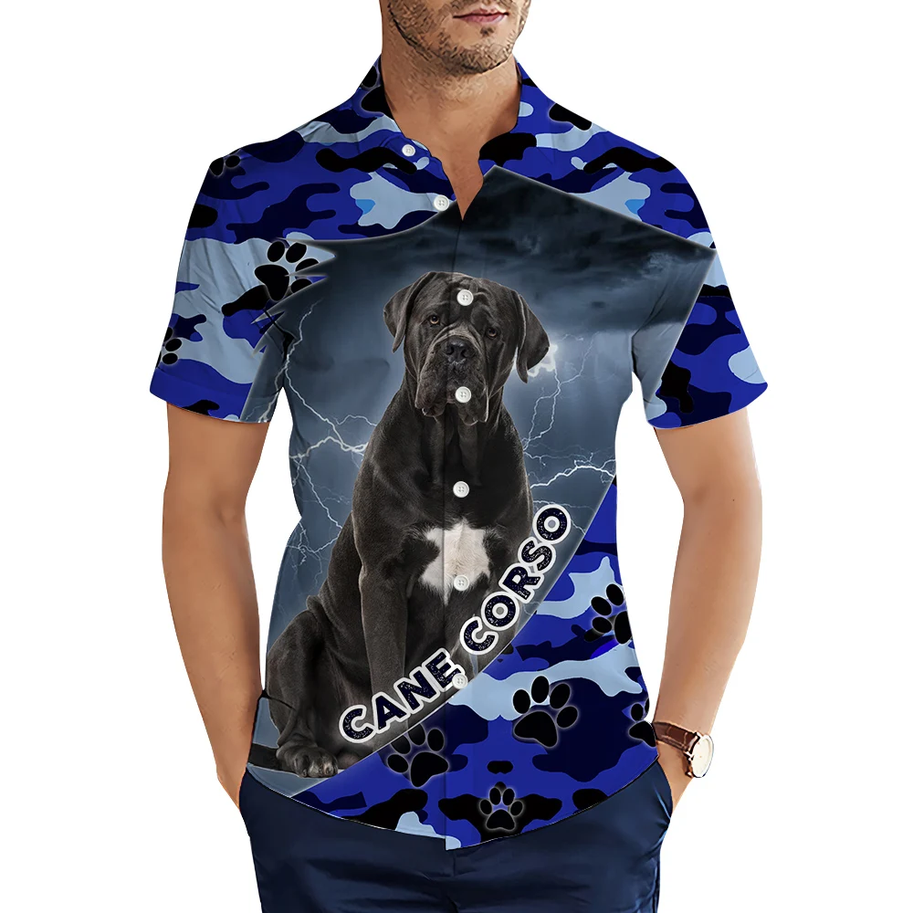 HX Fashion Men's Shirts Cane Corso Blue Lightning Camo 3D Printed Casual Shirt Summer Short Sleeve Shirts for Men Clothing