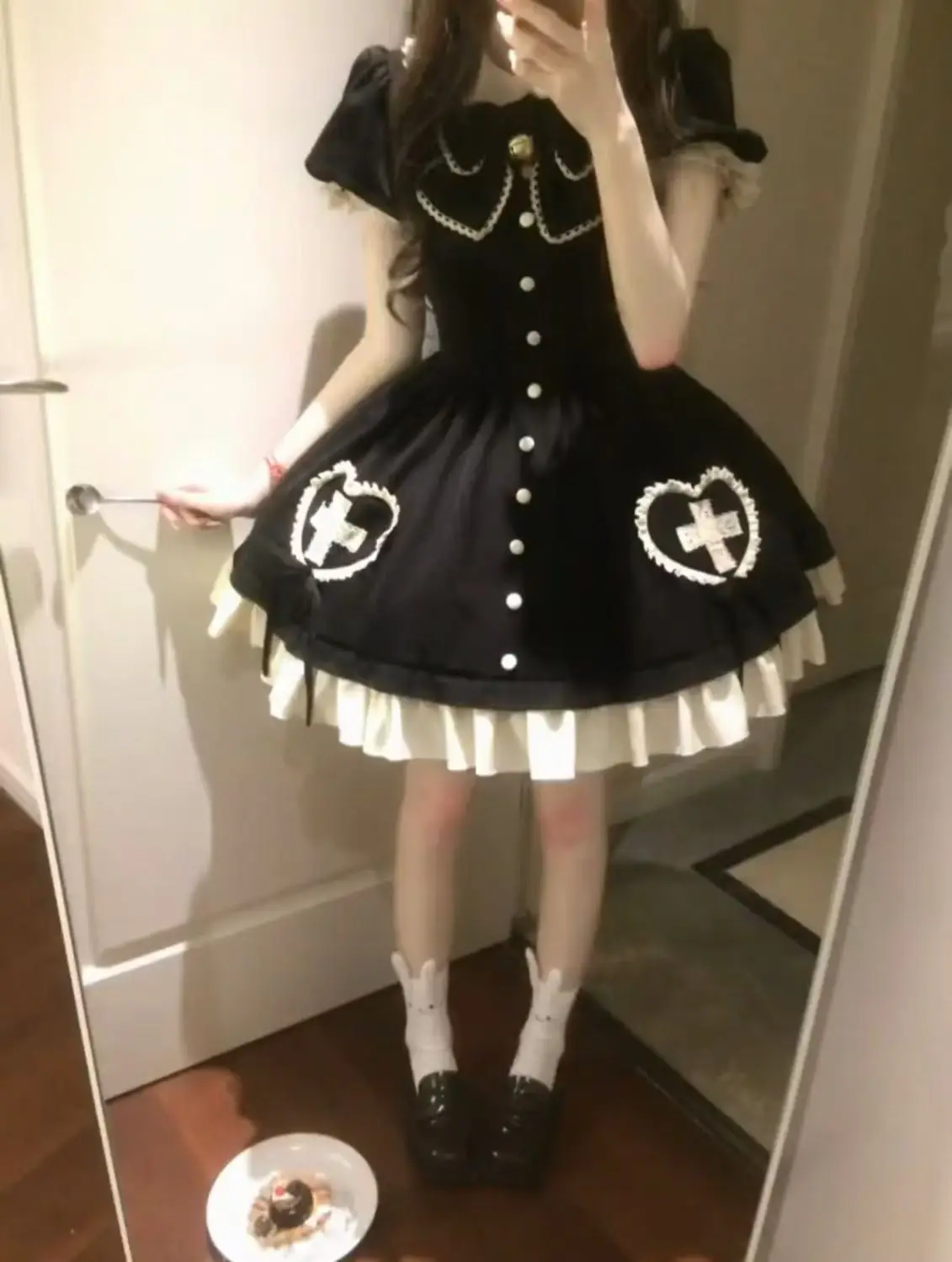 Schwarzes Vintage Gothic Lolita Kleid Langarm Damen Kawaii Stil Elegante Spitze Rüschenrock Taille Mode Amerikanischer Retro