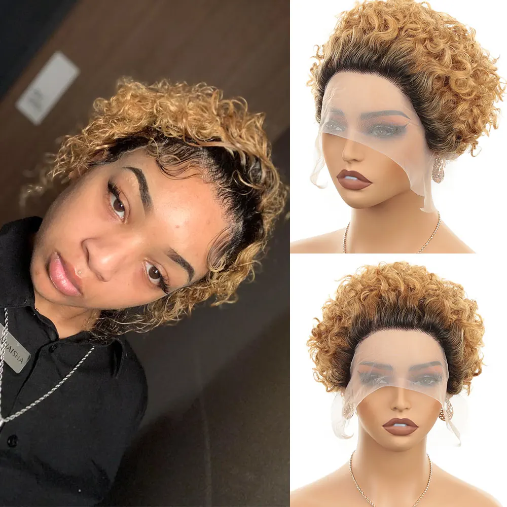 

INS FACING Short Curly Pixie Cut Lace Front Wigs 6 inch 13X1 Human Hair Ombre Blonde Transparent Lace Front Wigs for Women