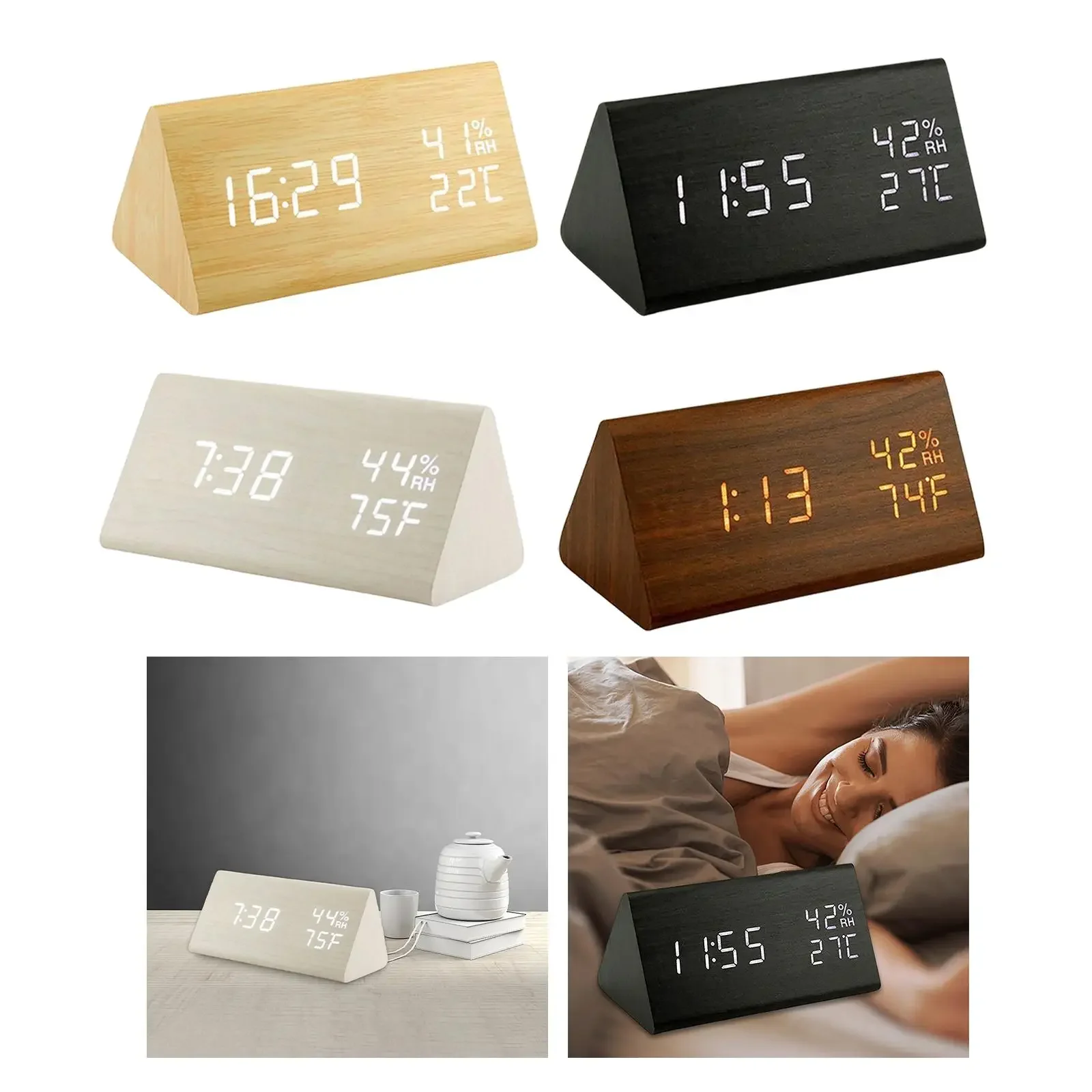 Alarm Clock LED Triangle Brightness Adjustable with Humidity for Office Home
