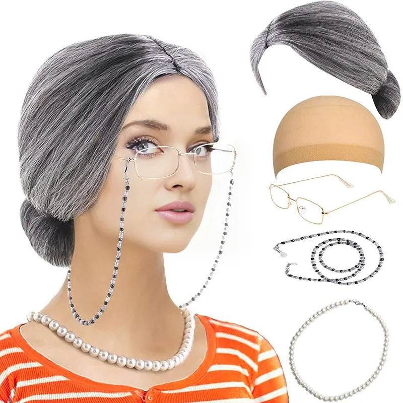 5pcs Old Lady Gray Short Curly Wig Middle-aged Grandma Cos Wig Women Stage Performance Role Play Costume Prop