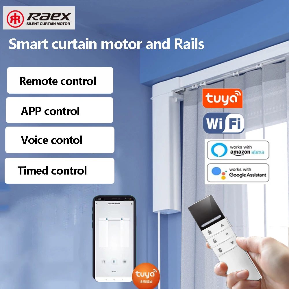 Raex Tuya Wifi Electric Smart Open or Closed Curtain Motor Curtain Track Rail Cornice Rod System Support Alexa Google Assistant
