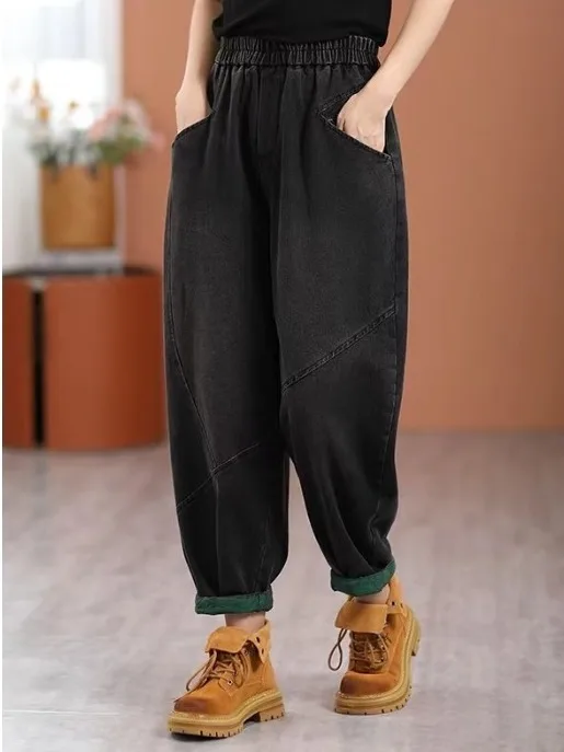 Washed Harajuku Style plus Size Denim Jeans Loose Elastic Waist Tummy Concealing Color Block Cuffed Long Pants for Women