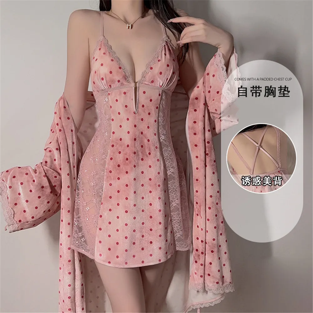 

Женский комплект халатов в горошек из 2 предметов, халат, осень-зима, женское кимоно, халат, одежда для сна, велюровое домашнее платье, одежда для дома