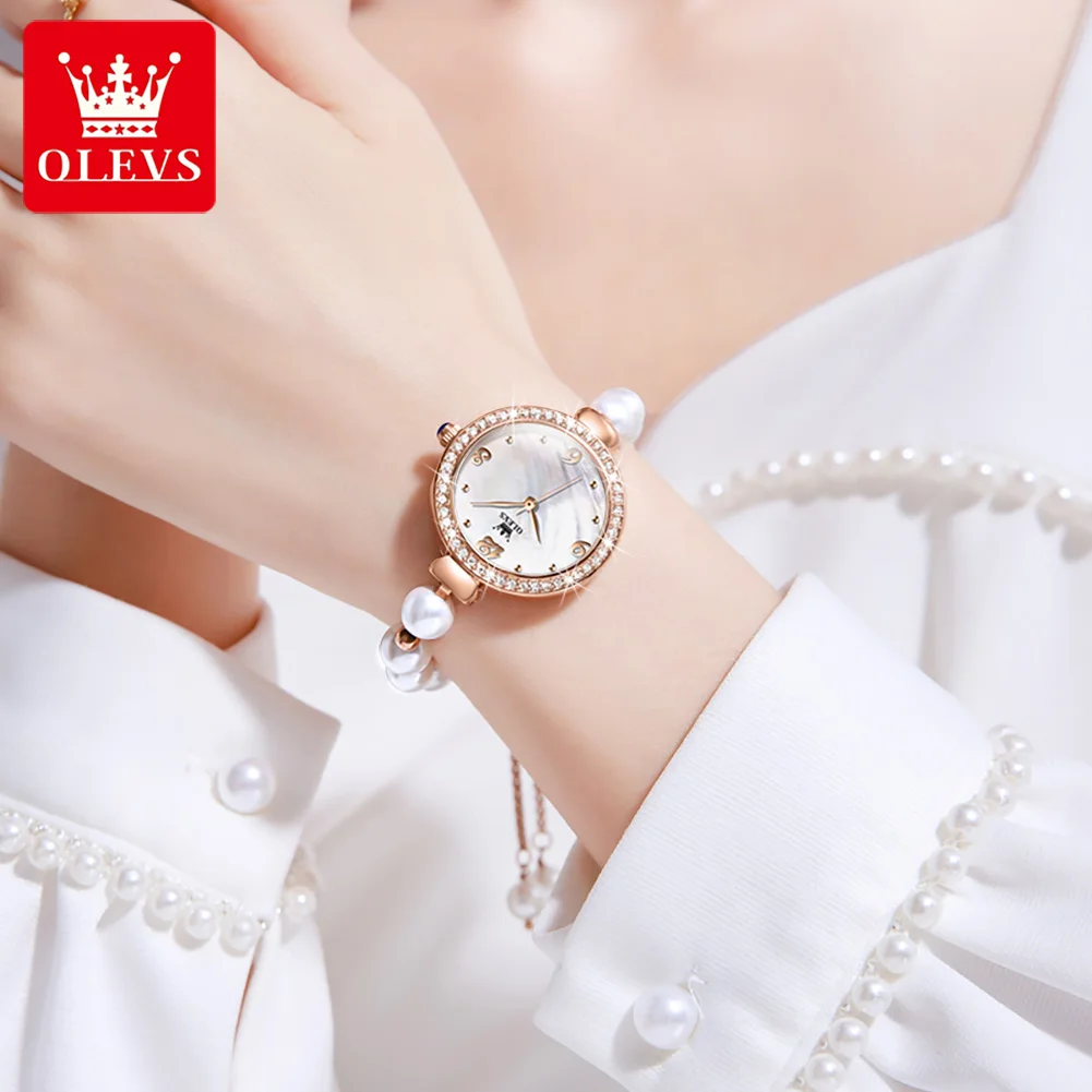 OLEVS 9968 Fashion Quartz Watch For Women Pearl Bracelet Strap Waterproof Wristwatch Number Scale Original Top Brand Woman Watch