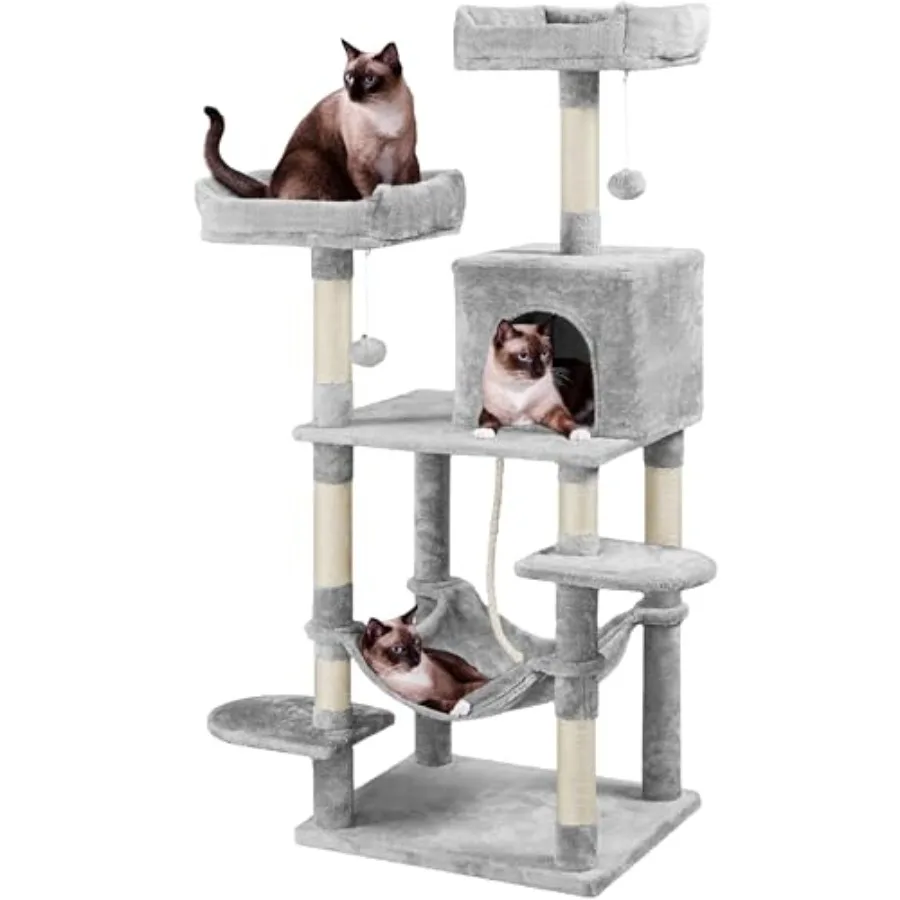 

59in Multi-Level Cat Tree for Multiple Cats with Hammock Condo Perches Extended Platforms Heavy Duty Scratching Posts Dangling