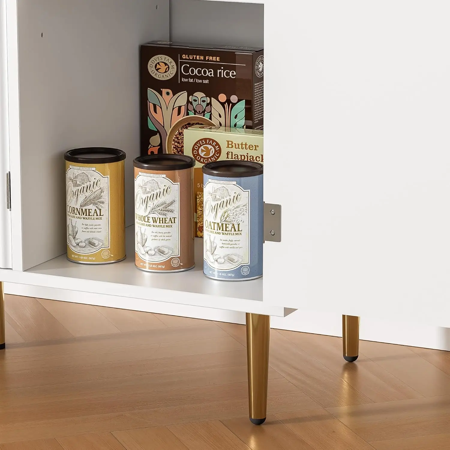 Geriffeltes Sideboard-Buffet mit 3 Türen, moderner weißer Schrank mit verstellbaren Regalen, Stauraum für Küche und Wohnzimmer