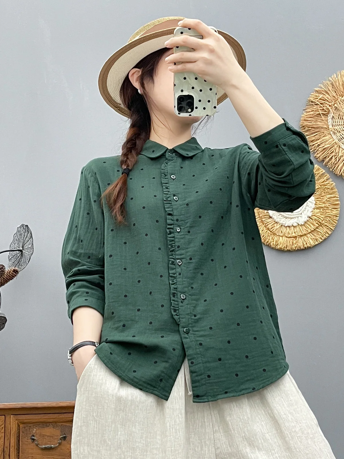 قميص نسائي عتيق باللون الأخضر منقط للخريف والربيع من غزل القطن باللون الأبيض والأحمر والأخضر والوردي بلوزات بأكمام طويلة للسيدات #3