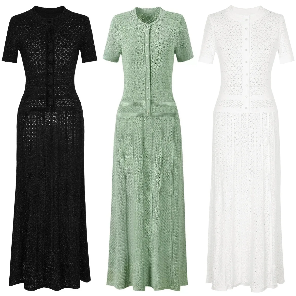 Nuevo Vestido de Punto Verde Menta para Mujer 2025, Vestido Maxi Ajustado con Botones y Manga Corta, Vestido Casual para Primavera/Verano