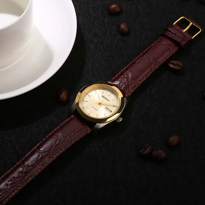 BERNY Men Gold Automatic Wristwatch Seagull 1632 Mechanical Leather Waterproof Relogio Masculino Day Date Calendar Luminous Hand