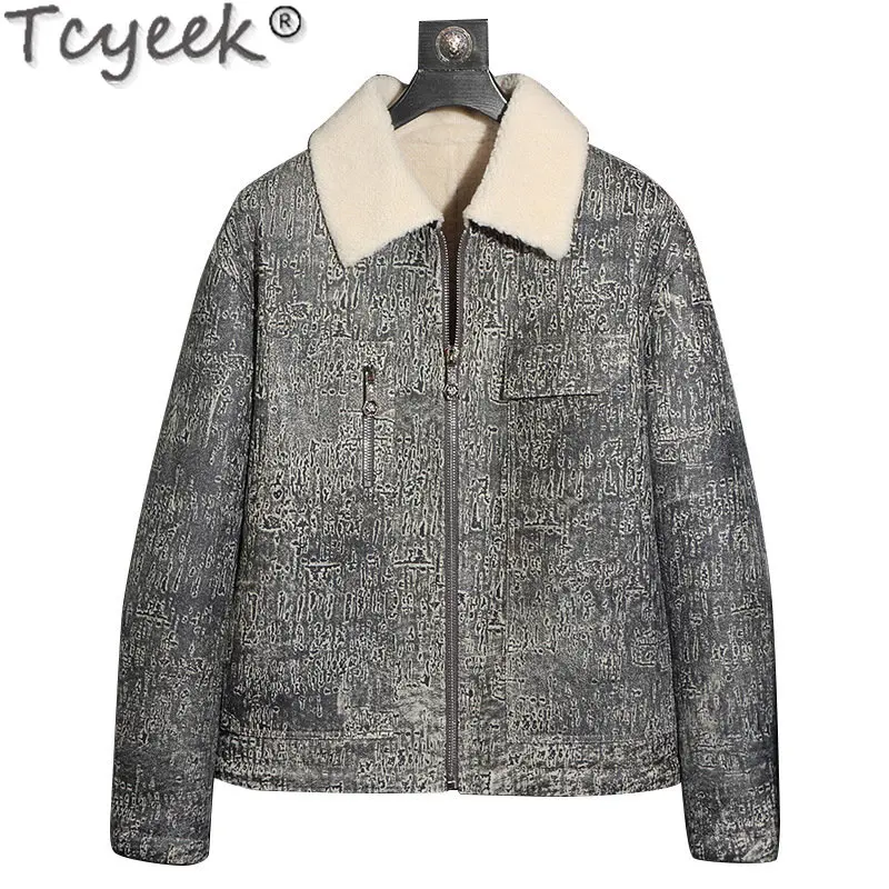 Tcyeek 2023 Real Fur Jacket Man Winter Clothes Genuine Leather Motorcycle Jacket Short Natural Sheepskin Fur Coat Male Chaquetas