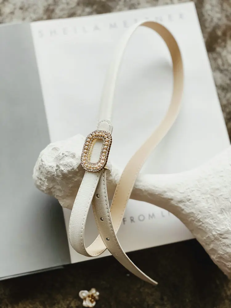 Trendy Women\'s Belt Elegant Pearl Shiny Rhinestone Rectangle Buckle Soft Genuine Leather Belts Fashion Pants, Dress Waistband