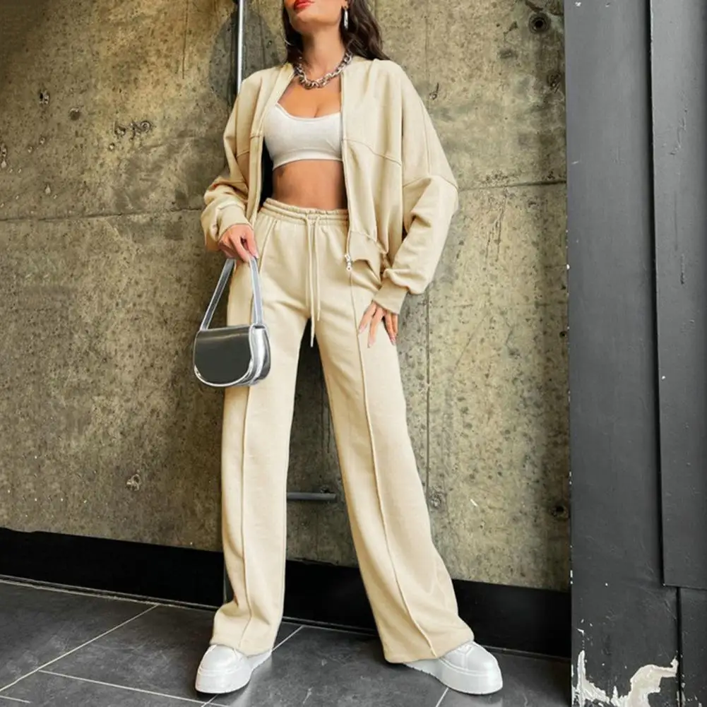 Casual Sweatshirt Pant Set Women Loose Long Sleeve Zipper Coat Top High Waist Trousers Suit Female Winter Fashion Warm Tracksuit