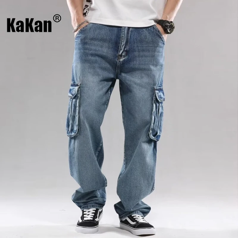 Kakan - 새로운 남성 멀티 포켓 청바지, Y2k 의류 스트리트 루즈 와이드 레그 롱 청바지 청바지 남자 브랜드