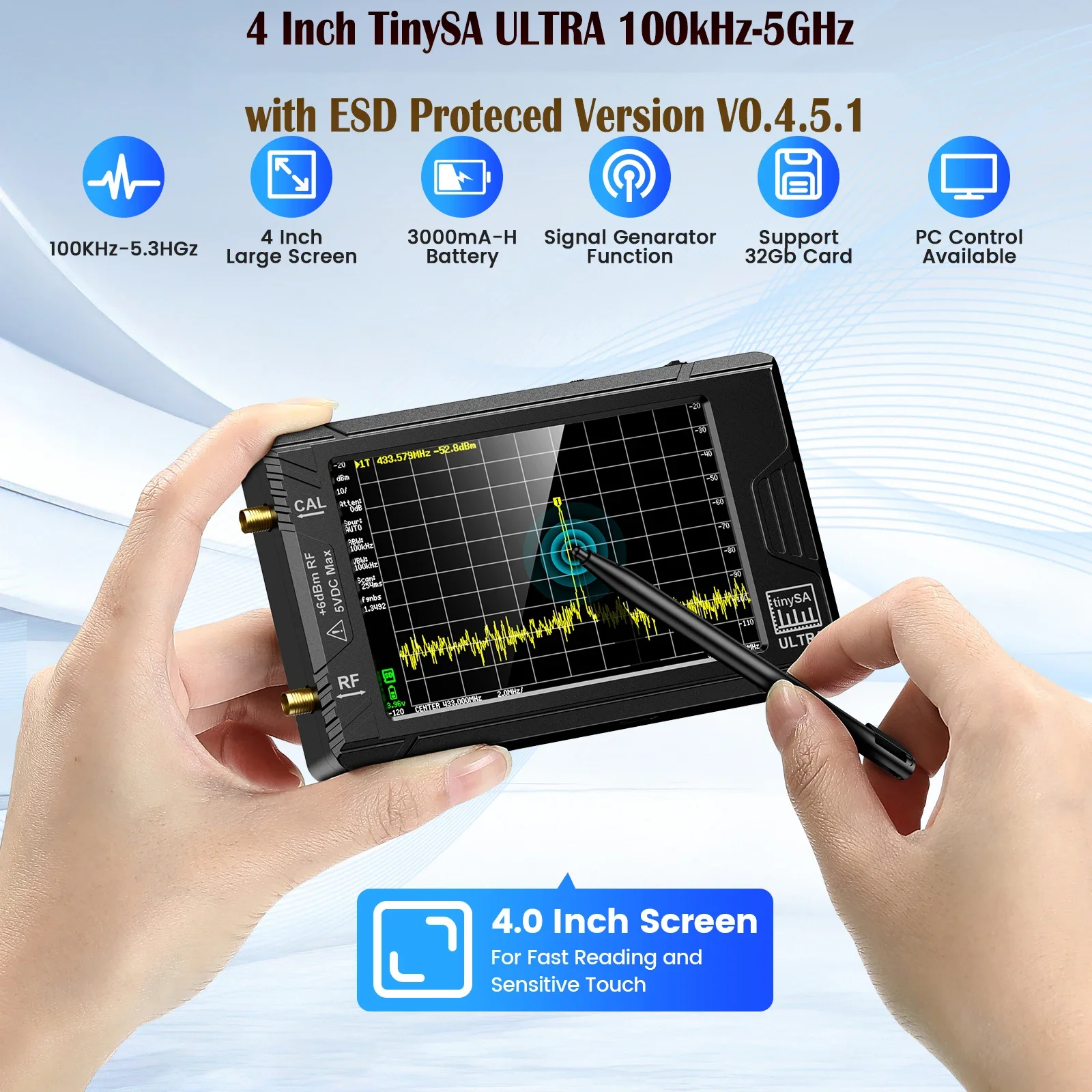 4 inch Display Handheld Portable Tiny Spectrum Analyzer TinySA ULTRA 100KHz to 5.3GHz with 32GB Card  320 * 240 pixels