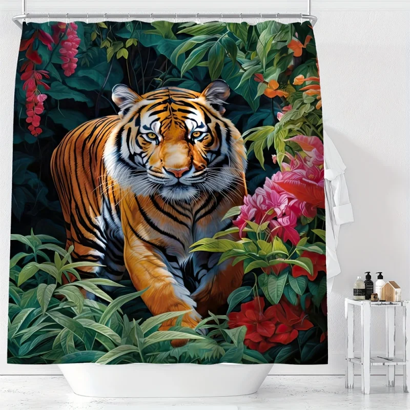 YWJHUI Water-Resistant Polyester Shower Curtain with Jungle Tiger Floral Print, Machine Washable, Includes Hooks, Animal and Flo