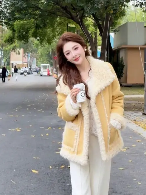 

Korean Sle Women's Winter Jaet Lamb Fur Vest Plu Inteated Skin Fur Eco-friendly Warmth Long Sve Zipper Casual Oute...