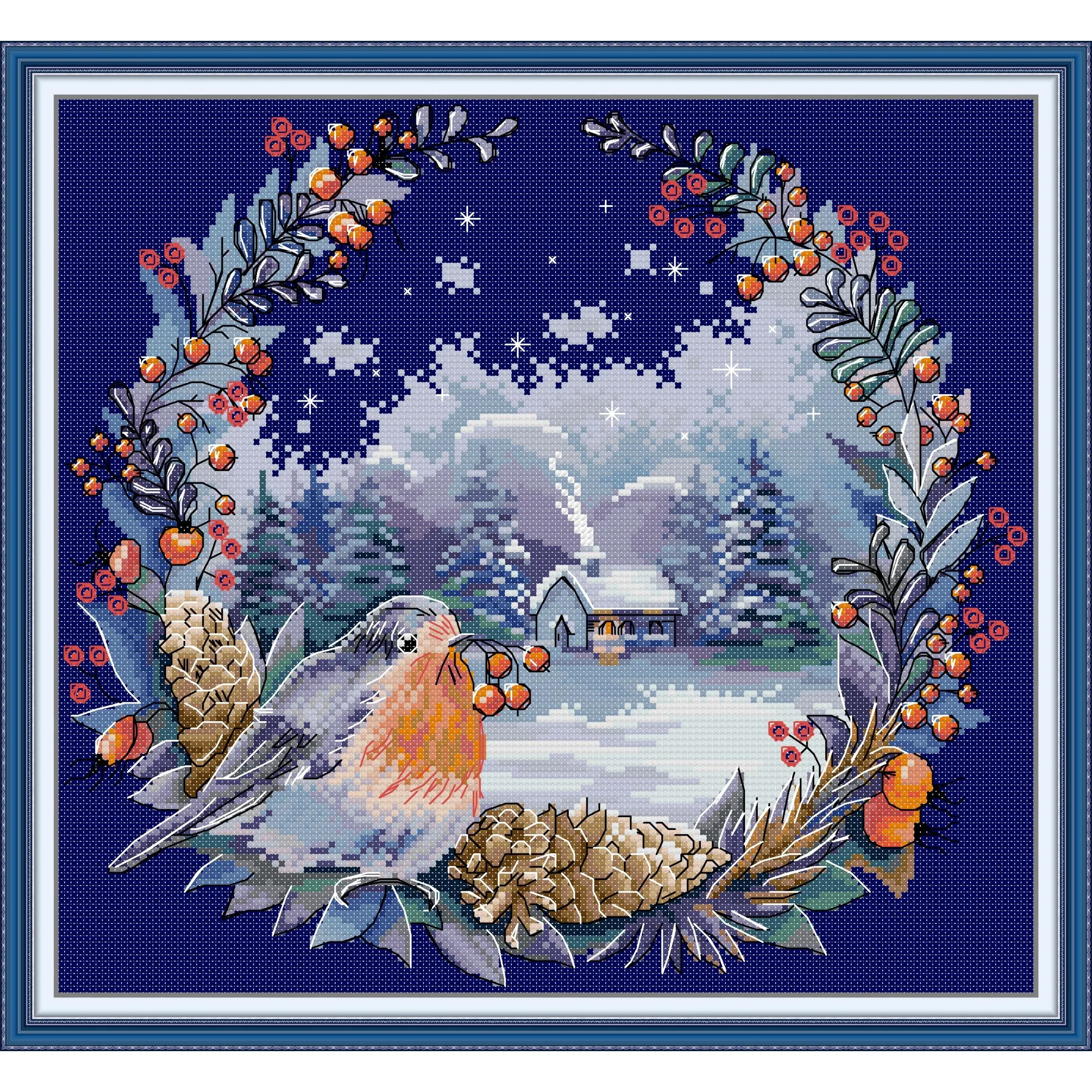 

Soulgift News Pre-Printed Cross Stitch Kit, Stamped Aida Fabric with DMC Threads, Embroidery Kit - Bullfinch Winter
