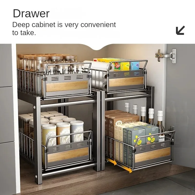 Layered Sink Storage Rack Kitchen Condiment Organizer Pull Basket Shelf Sink Cabinet Storage Efficient Under-Sink