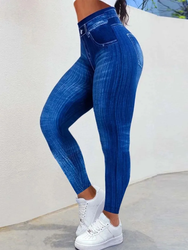 Plus Size 1XL-5XL Casual Leggings Women\'s Plus Denim Print Elastic High Rise Slight Stretch Leggings