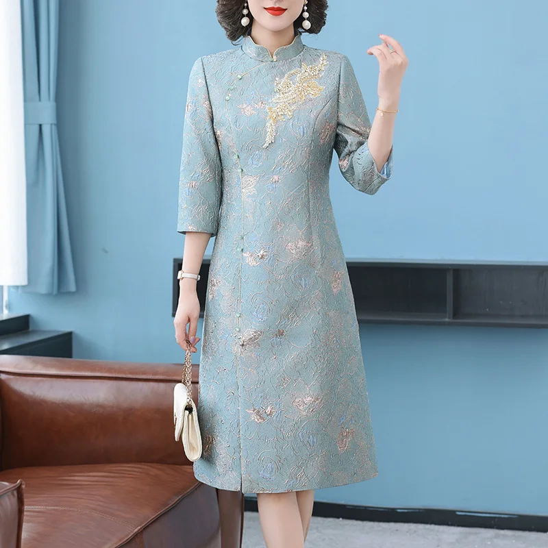 

Элегантное свадебное платье миди для женщин среднего возраста, модное, с длинным рукавом, вышитое, для свадебного банкета, для свекрови