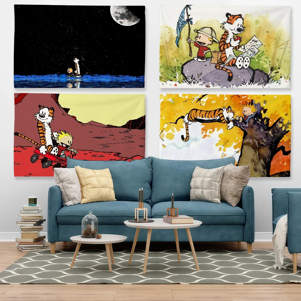 Cartoon Calvin And Hobbes Flag Tapestry Outdoor Party Bedroom Living Room Dormitory Decorative Themed Wall Hanging Banner Gift