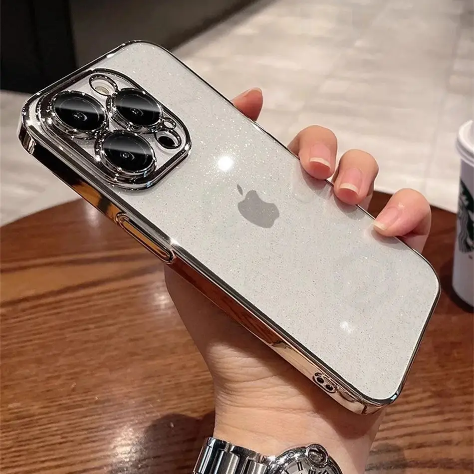 حافظة رفيعة شفافة لامعة فاخرة لهاتف آيفون 12 13 14 Plus 15 16 17 Pro Max 17p مطلية بالذهب غطاء صلب للكمبيوتر الشخصي