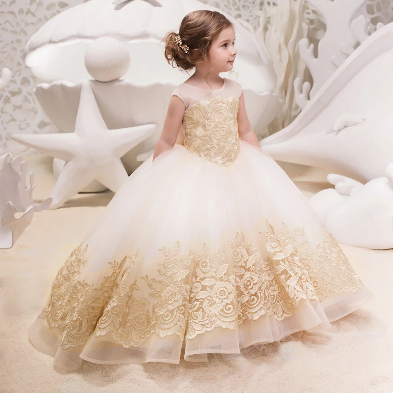 

Girls Bridesmaid Dress For Wedding Lace Flower Appliques Ball Gown Kids White Princess Clothes Elegant Birhtday Party Costumes