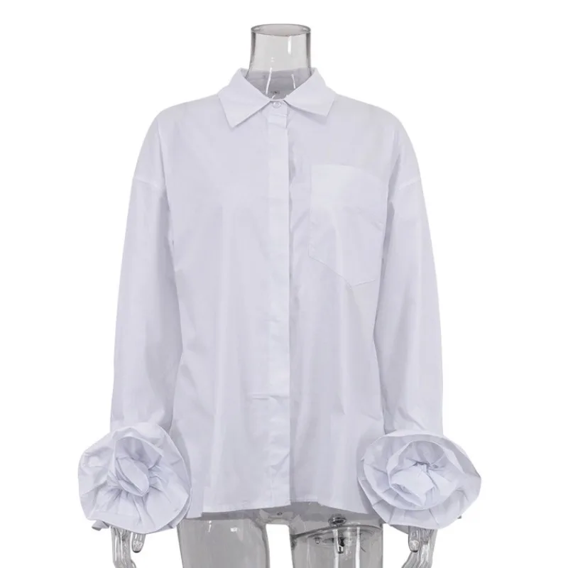 Talenza White Women's Blouses Fashion Floral Patchwork Lapel Office Lady Cardigan Tops Casual Summer Female Long Sleeve Shirt