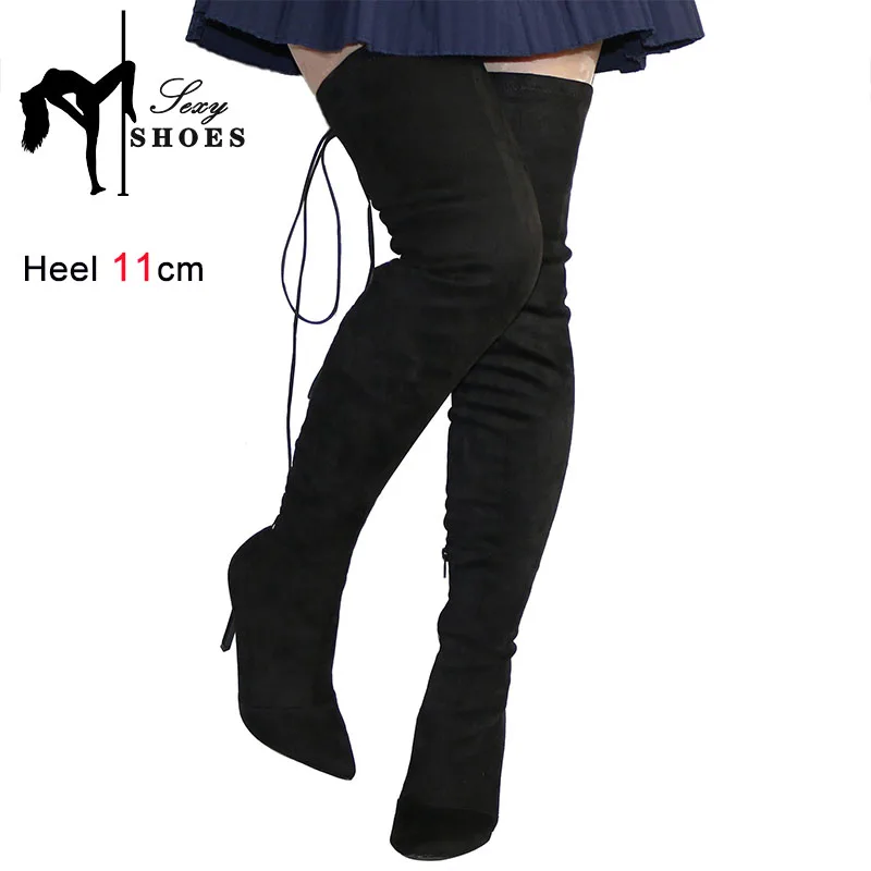 New Sexy Adjustable Cross Lace-up Sexy Women Boot Pointed Toe Party Shoes Ladies Suede High Heels Model Show Over The Knee Boots