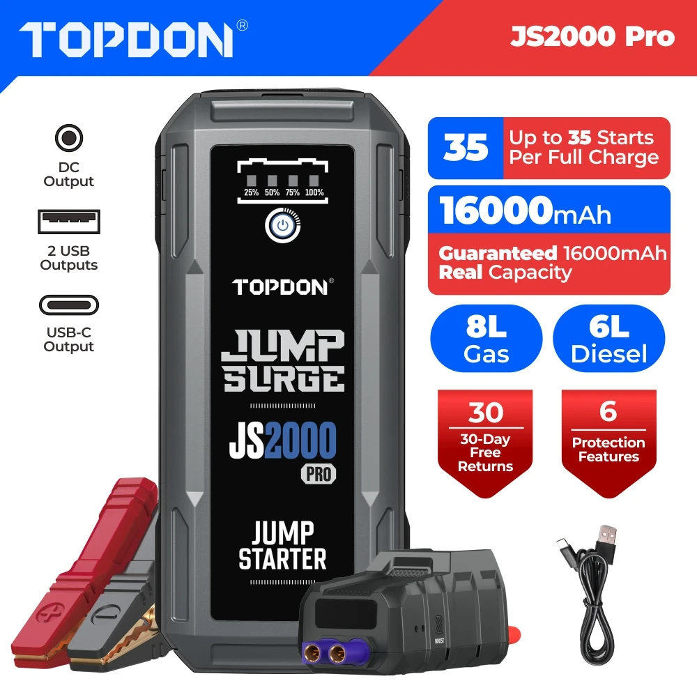 TOPDON JS2000PRO Car Jump Starter 2500A Peak 12V Portable Lithium Battery Booster Pack Jump Box Power Bank LED Flashlight for Car Truck SUV