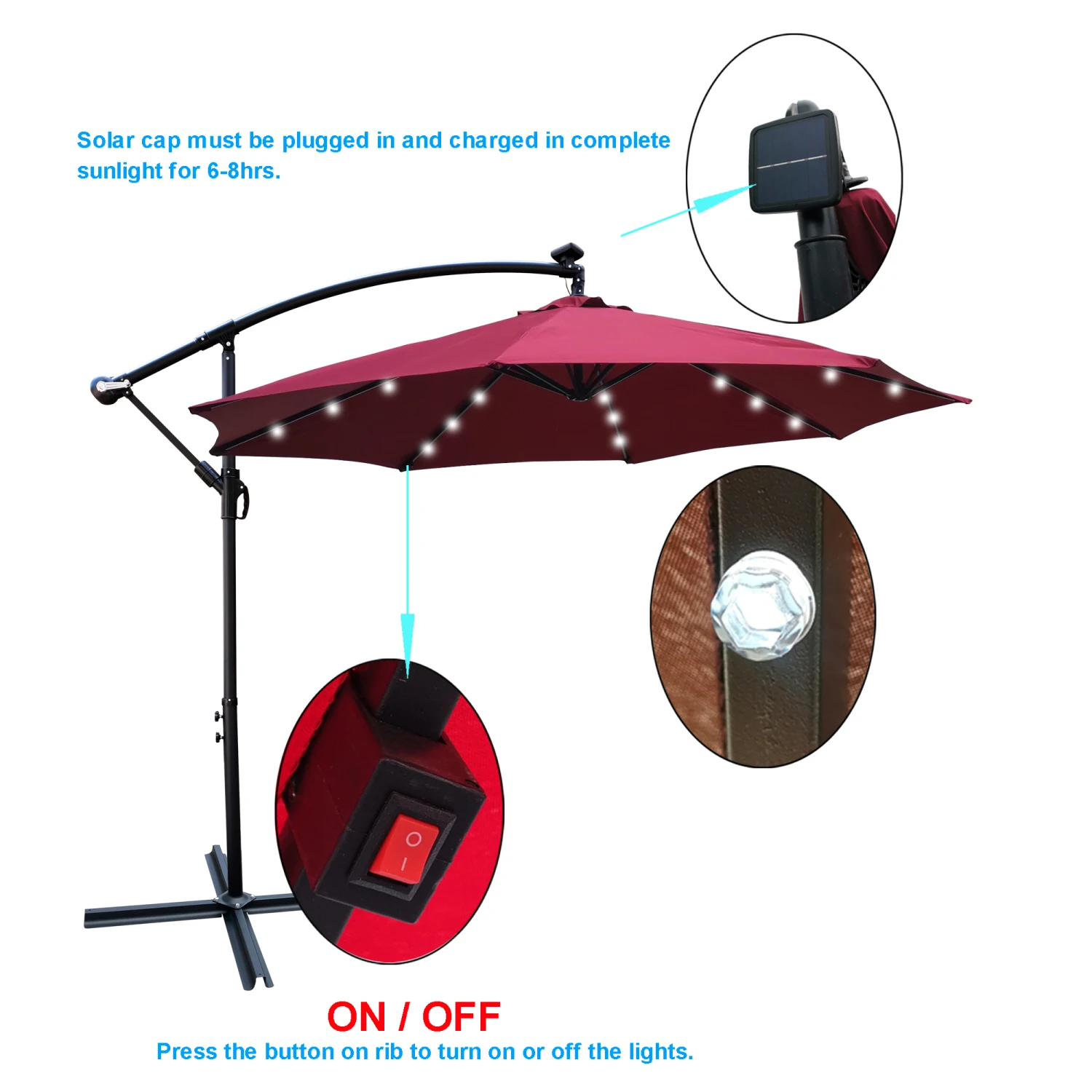 

10 ft Outdoor Patio Umbrella Solar Powered LED Lighted Sun Shade Market Waterproof 8 Ribs Umbrella with Crank and Cross Base for