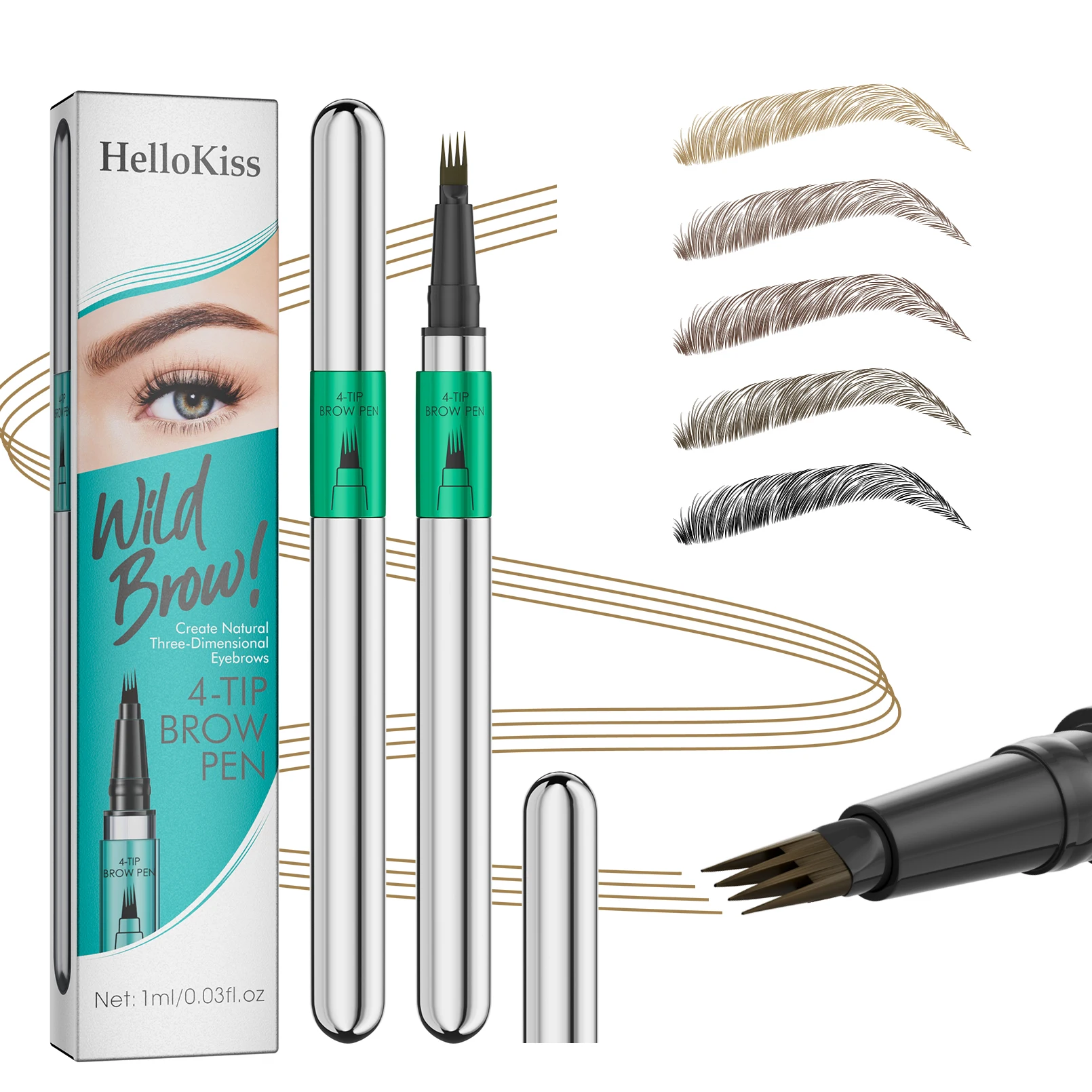 Penna per sopracciglia impermeabile Hellokiss, matita per sopracciglia Microblading con 4 teste divise, trucco per sopracciglia dall'aspetto naturale (5 colori)