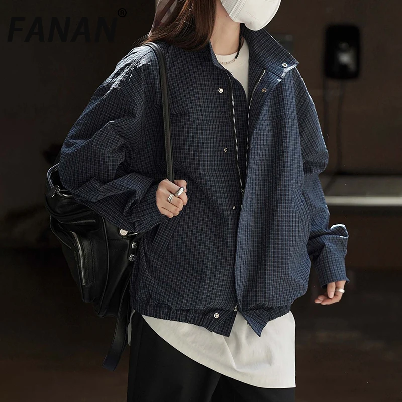 

FANAN Vintage Plaid Contrast Color Jackets For Women Stand Neck Single Breasted Office Lady Temperament Coats 2025 Autumn New